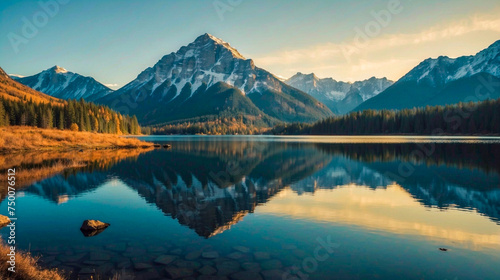 A Breathtaking Panorama: Serene Lake Nestled Among Majestic Mountains 