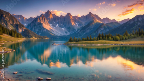 Tranquil Escape: Stunning Lake Reflects Majestic Mountains at Sunset 