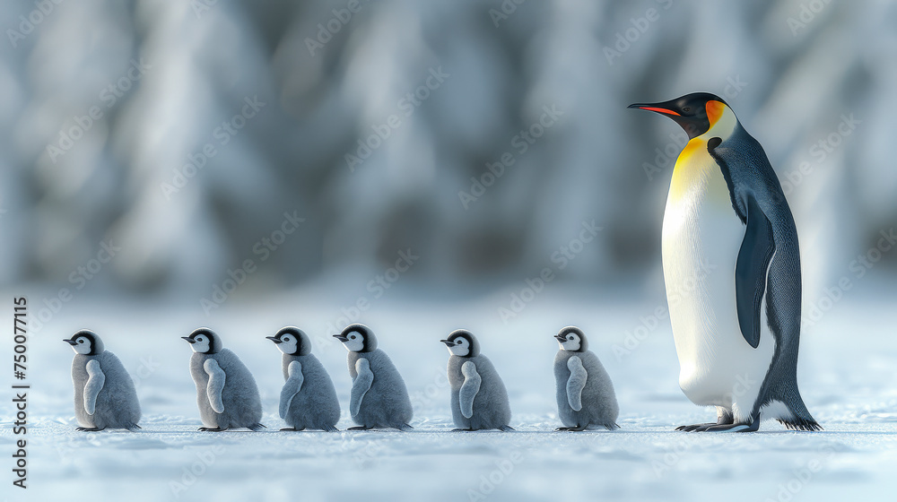 Naklejka premium Babies and mother Emperor penguins are gathered together, standing next to each other