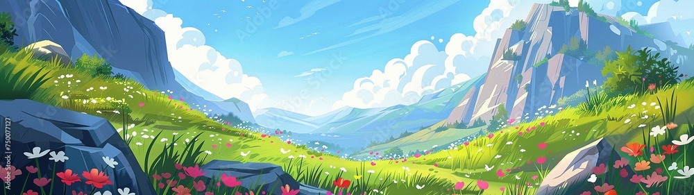 A summer valley with flowers and trees. Panoramic drawing