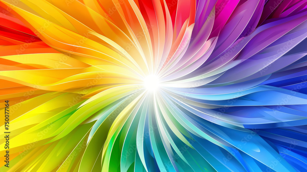An abstract flower displaying rainbow colors with a white center An abstract flower displaying rainbow colors with a white center