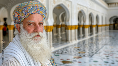 Elderly Indian man with gray hair and white beard wearing a turban