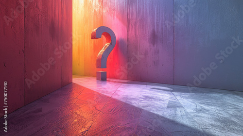 Question mark  on wall in pastel room: who, what and why ?