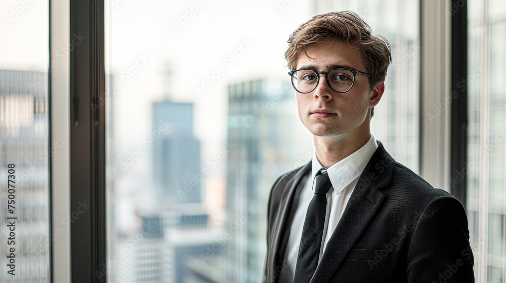 A young man in a suit and tie stands in front of a window with a city view. He is wearing glasses and he is posing for a photo. Concept of professionalism and sophistication A young man in a suit and tie stands in front of a window with a city view. He is wearing glasses and he is posing for a photo. Concept of professionalism and sophistication