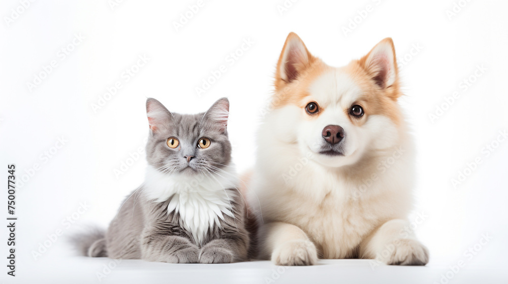 A delightful Pomsky dog and a British Shorthair cat, seated close, attentively looking towards the camera, on a crisp white background.