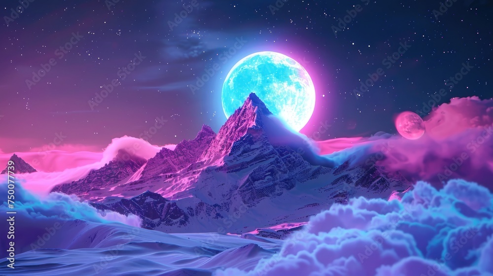Neon light background with mountain and moon. Futuristic fantasy background Neon light background with mountain and moon. Futuristic fantasy background
