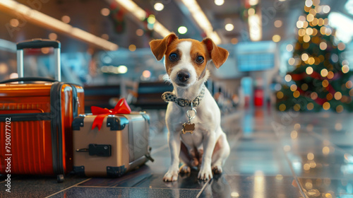 A festive scene unfolds as a cheerful Jack Russell dog prepares for their holiday trip, luggage packed and ready