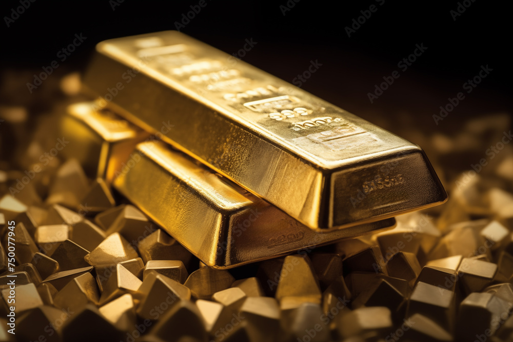 Gold bars background. Gold reserve. World prices for gold metal on global metals market and mining market. Goldbars financial market.