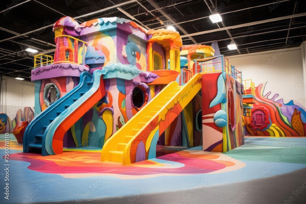 A whimsical playground where the equipment transforms into fantastical creatures and surreal landscapes. The colors are bold and vibrant, encouraging children to let their imaginations run wild.