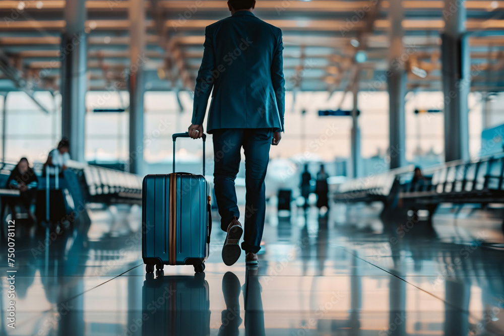 person walking with a trolley bag going for vacation, Travel, traveler in airport with a large suitcase, travel agency, luggage at the airport ,airplane flying over the clouds, passports, holiday - obrazy, fototapety, plakaty 