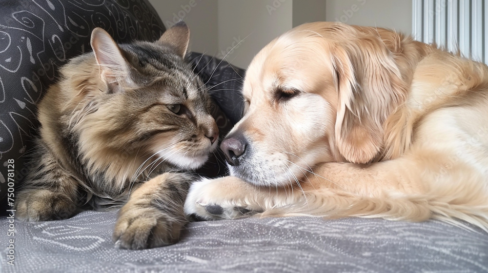 A heartwarming moment as a British cat nuzzles against a Golden Retriever's paw.
