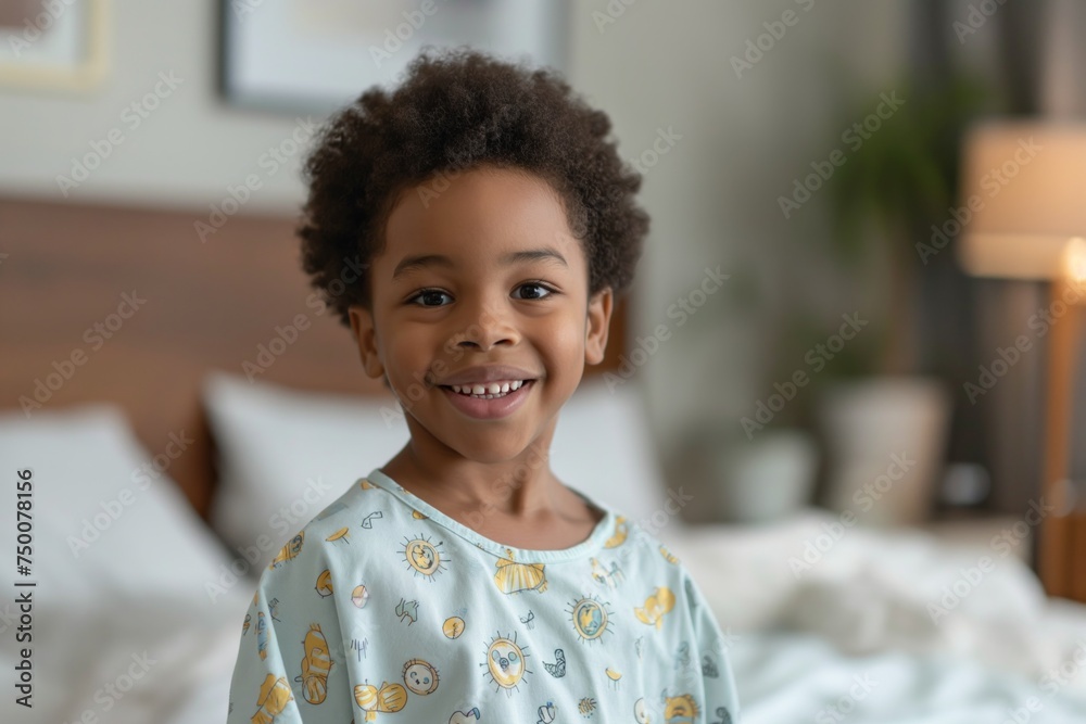 Fototapeta premium A young boy dressed in hospital clothes stands by a bed in a hospital ward
