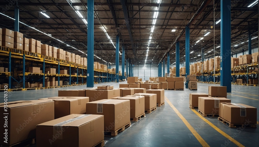 conveyor belt in a distribution warehouse with row of cardboard box packages for e-commerce delivery and automated logistics concepts as wide banner with copysapce area