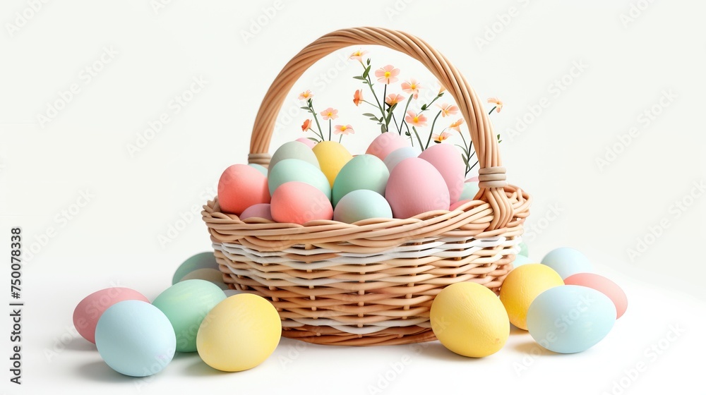 Colorful Easter eggs in the woven basket isolated on white background. Pastel color Easter eggs.
