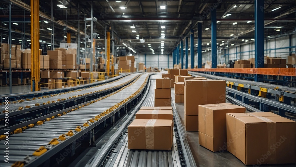conveyor belt in a distribution warehouse with row of cardboard box packages for e-commerce delivery and automated logistics concepts as wide banner with copysapce area conveyor belt in a distribution warehouse with row of cardboard box packages for e-commerce delivery and automated logistics concepts as wide banner with copysapce area