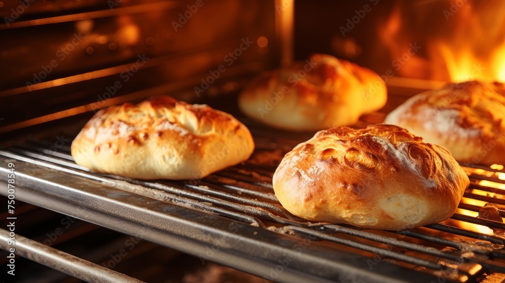 Delicious freshly baked artisan bread in a professional production oven at a local bakery