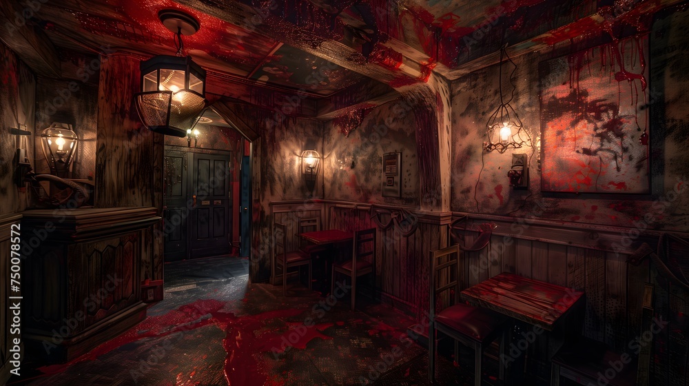 Abandoned interior space transformed into a terrifying escape room, featuring eerie lighting, ominous decor, and hidden clues