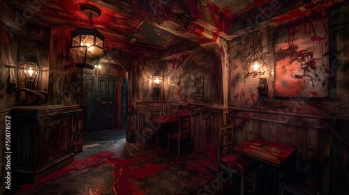 Abandoned interior space transformed into a terrifying escape room  featuring eerie lighting  ominous decor  and hidden clues