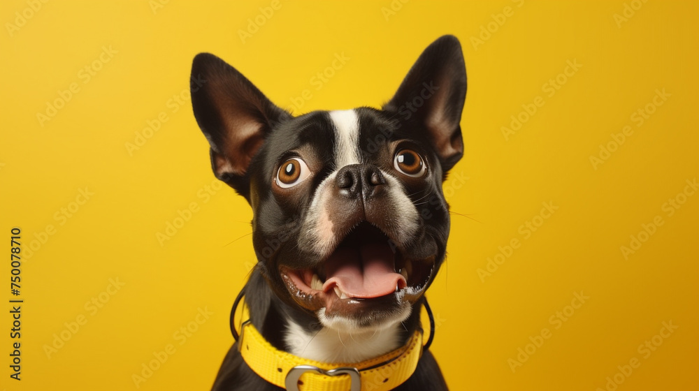 A jubilant dog sitting attentively, leash in mouth, against a cheerful yellow background, eyes sparkling with anticipation for a walk.