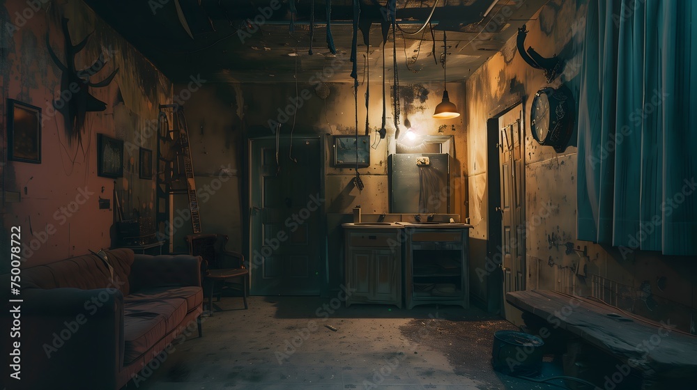 Abandoned interior space transformed into a terrifying escape room, featuring eerie lighting, ominous decor, and hidden clues