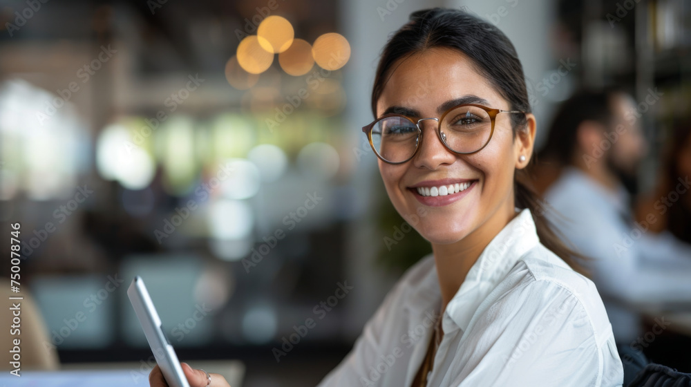 A smiling professional woman with glasses is seated in a corporate office environment with her team working in the background. A smiling professional woman with glasses is seated in a corporate office environment with her team working in the background.