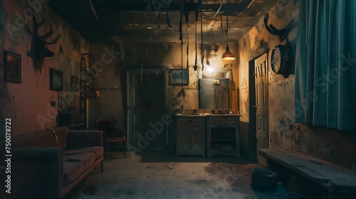 Abandoned interior space transformed into a terrifying escape room, featuring eerie lighting, ominous decor, and hidden clues