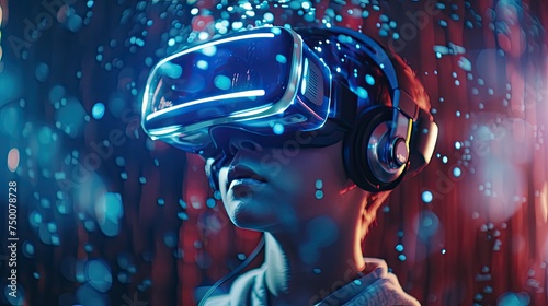 Teenager using virtual reality glasses to play video games in the Metaverse. Kid with VR device. Technology futuristic
