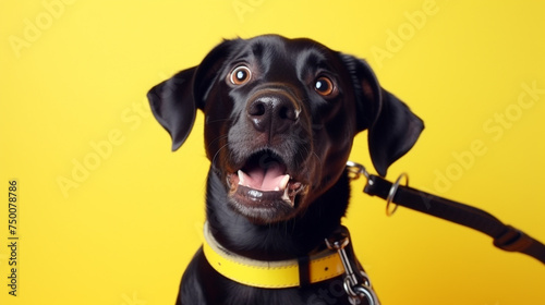 A jubilant dog sitting attentively, leash in mouth, against a cheerful yellow background, eyes sparkling with anticipation for a walk.