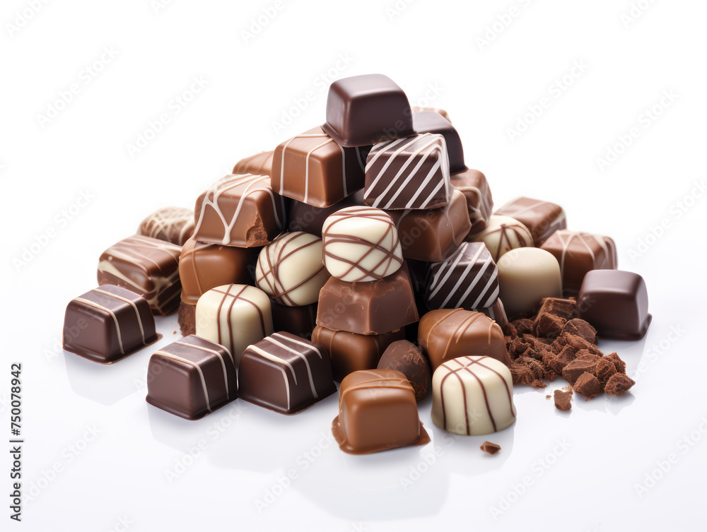 Fototapeta premium Delicious milk chocolate pieces on a white background