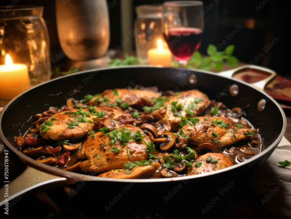 Chicken Marsala in a skillet is ready to be served in elite restaurants