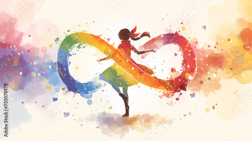 Watercolor illustration of girl and rainbow infinity sign. Neurodiversity concept