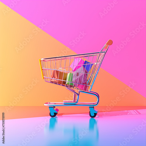 3d rendered photos of shopping cart, vibrant colorism background, online shopping theme made with generative AI

 photo