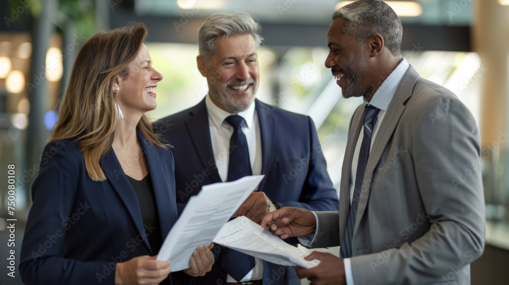 corporate professionals are engaged in a friendly discussion with documents in hand, smiling and conversing in an office setting. corporate professionals are engaged in a friendly discussion with documents in hand, smiling and conversing in an office setting.