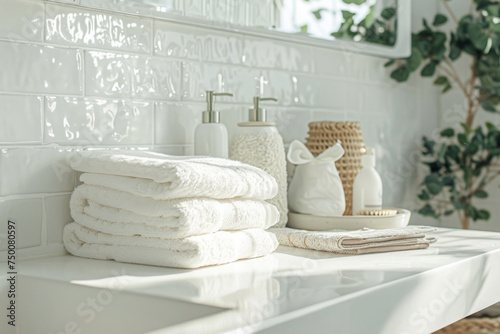 Serene Bathroom Setting with White Towels and Natural Accents