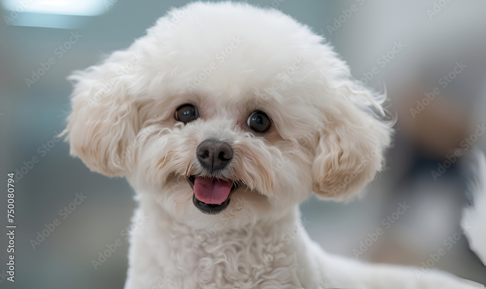 Happy white Bichon Frise enjoying grooming time, soft-focus background Happy white Bichon Frise enjoying grooming time, soft-focus background