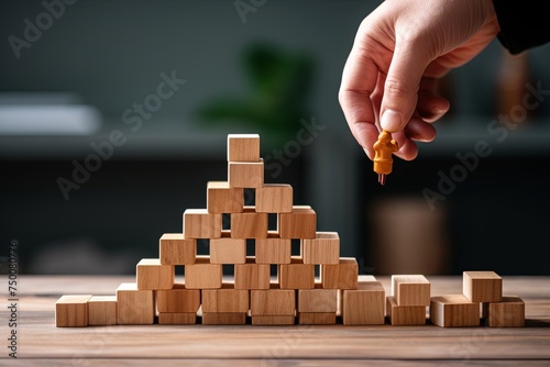 Business concept growth success process, Close up Woman hand arranging wood block stacking as step