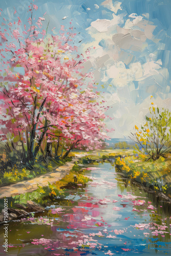 Blooming Cherry Blossoms by the Serene River Landscape Painting