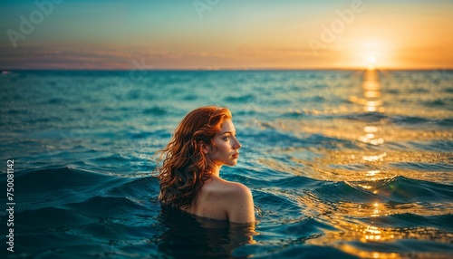 pensive woman in the sea 