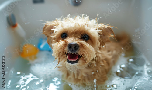 Energetic pup enjoying a bubbly bath, water droplets flying. Yorkshire Terrier
