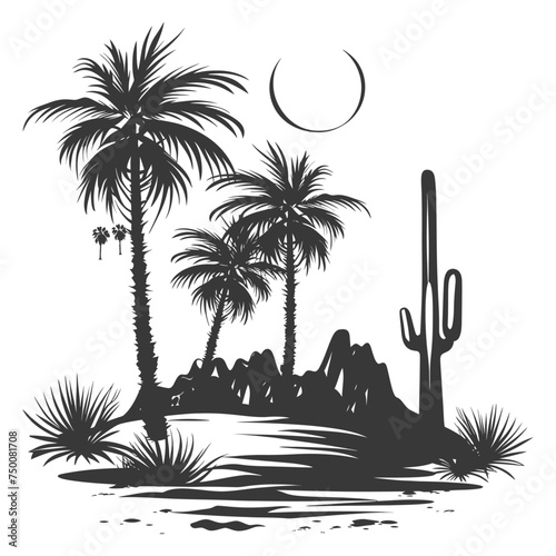Silhouette an oasis in the desert black color only