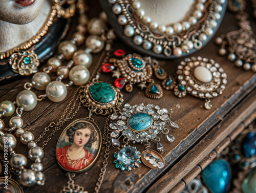 Vintage Jewelry Collection Displayed on Wooden Surface