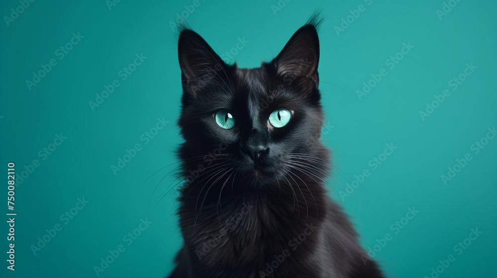 A refined black Balinese cat, extending its body sideways, enchanting green eyes looking onwards, set against a uniform colored background.