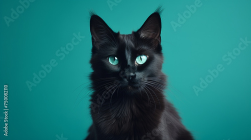 A refined black Balinese cat, extending its body sideways, enchanting green eyes looking onwards, set against a uniform colored background.