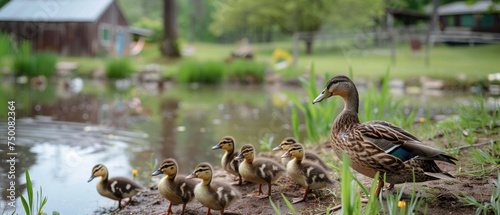 Mother Duck and Ducklings by Pond at Rustic Countryside