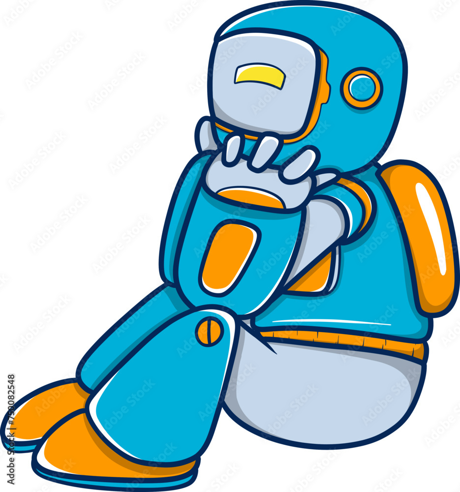 Colorful cartoon robot sitting and looking pensive Colorful cartoon robot sitting and looking pensive