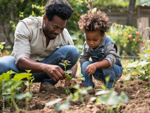 Father and Toddler Son Planting Together in Home Garden
