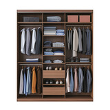 wooden wardrobe with shelves with clothes on a transparent background