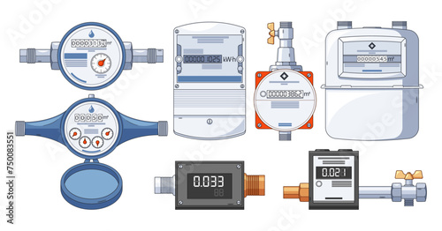 Vector Set Communal Services Meters Measure Collective Consumption Of Utilities Like Water, Gas, Or Electricity