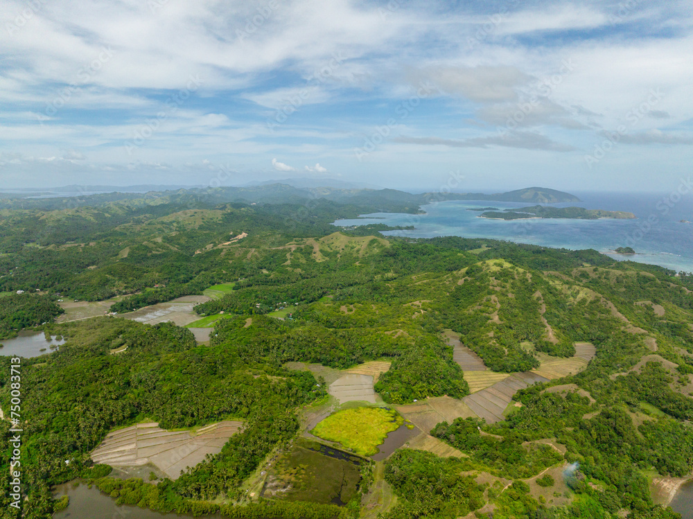 Tropcial Island with paddy fields and green hills. Santa Fe, Tablas, Romblon. Philippines.