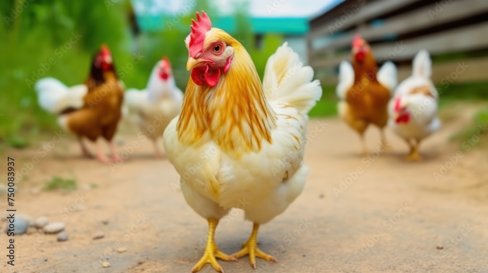 Fototapeta premium Funny hen looking at the camera on farm yard outdoor background.